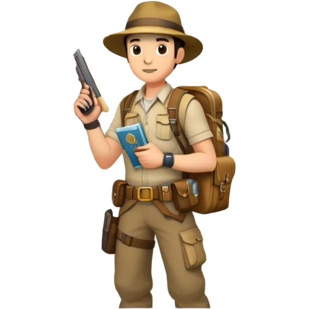 An icon inspired by adventure games like Uncharted 4, featuring a rugged explorer with a backpack, standing in front of an ancient temple or treasure. The design includes a treasure map, a pistol, and jungle foliage, symbolizing the thrill of exploration and danger. Transparent background emoji