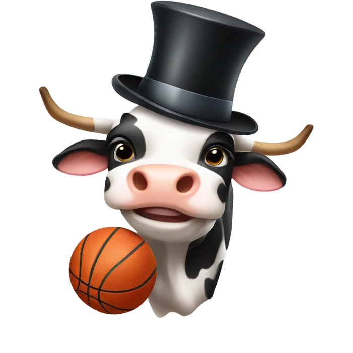 Cow holding a basketball with a top hat on  emoji