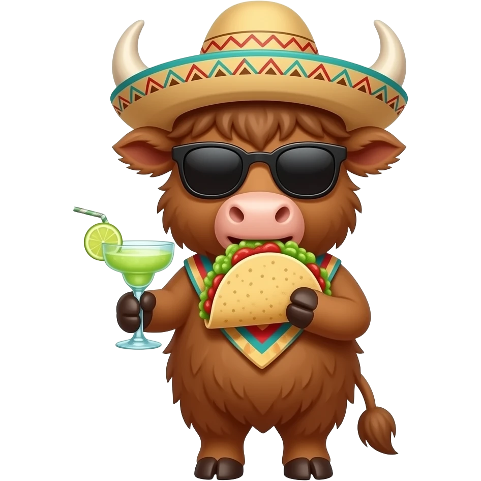 cute animated highland cow eating tacos and guacamole,wearing a pancho sunglasses and sombrero drinking a margarita emoji