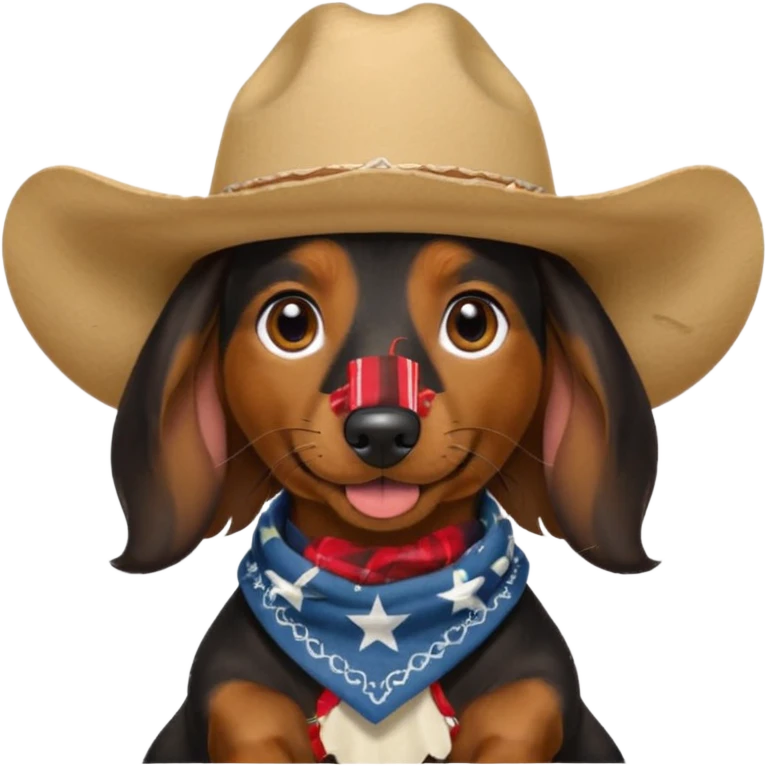 mostly black with some brown long hair daschund with a cowboy hat, ears curl out a bit and bandana and tongue slightly out emoji