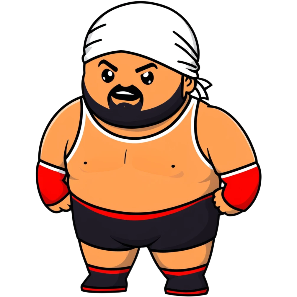 White skin fat guy with black durag, black beard, and black eyes in a red and black wrestling singlet emoji