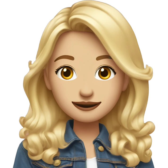 fille blonde, cheveux raides, yeux bleus, sourcils blonds, tête inclinée, lèvres roses, sourire, veste en jean emoji