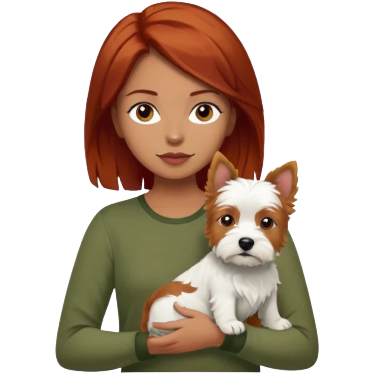 Westhighland white terrier dog being held by woman with dark shoulder length red hair and hazel eye wearing olive green top emoji