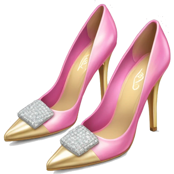 Realistic isolated top view of a pair of metallic light gold and metallic light bubblegum pink pointed toe high heel shoes with diamonds on the top of the toes. emoji