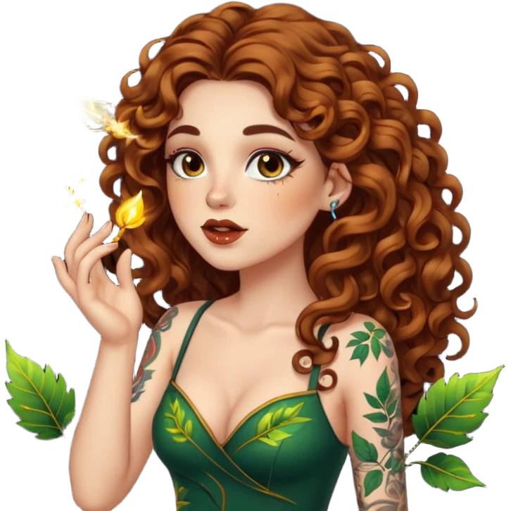 full body view of a woman with long curly brown hair, brown eyes, white skin, tattoos, blowing a glowing kiss made of leaves and sparks emoji