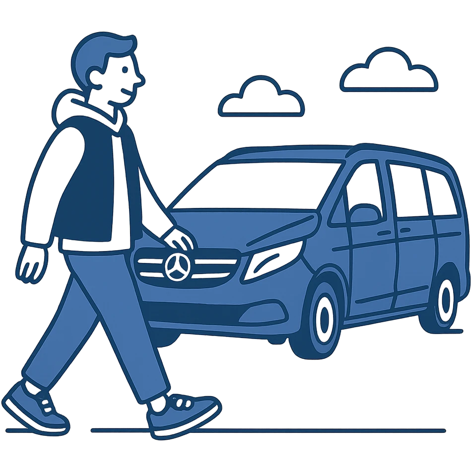 minimal flat icon style of a guy in a white hoodie, black vest, and sneakers, walking past a black Mercedes V-Class van emoji
