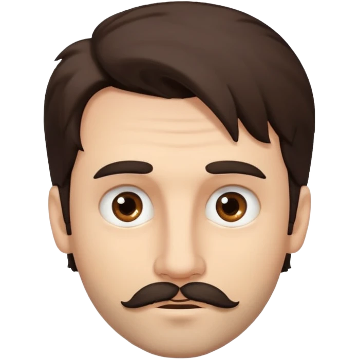 Handsome white man with big brown eyes long nose and dark brown messy hair cover his forhead and hair coming in eyes very small beard and moustache emoji