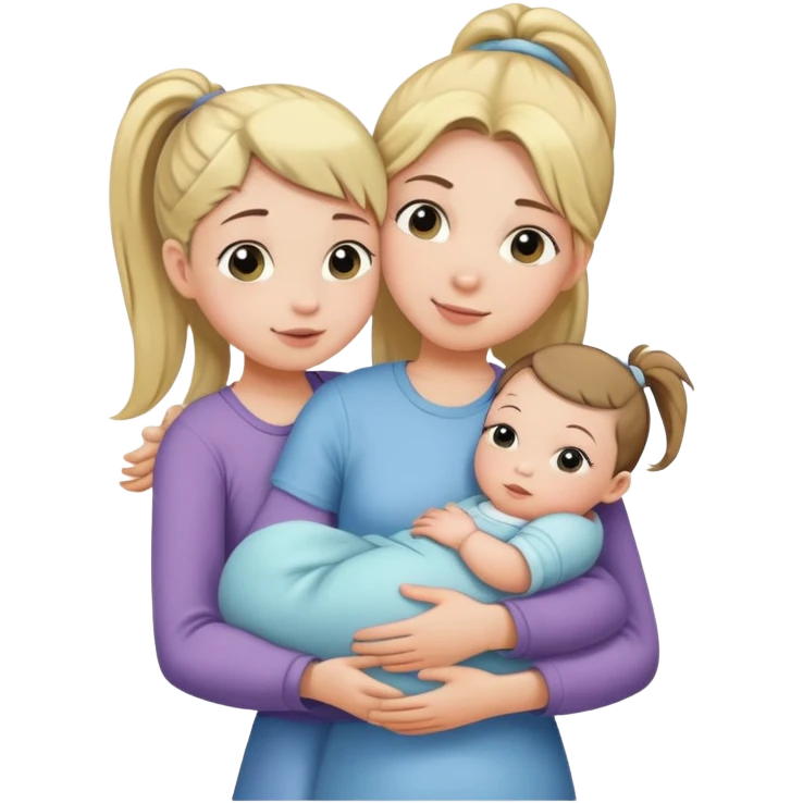 Big sister with ponytail carefully holding newborn baby while hugging younger sister emoji
