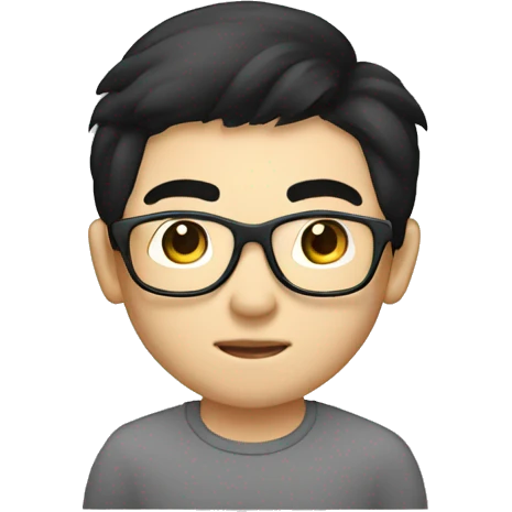 A young Chinese man with black hair, long hair, and a center cut. He has black framed glasses, small eyes, big nostrils, and a round face. He is working with a laptop in front of him emoji