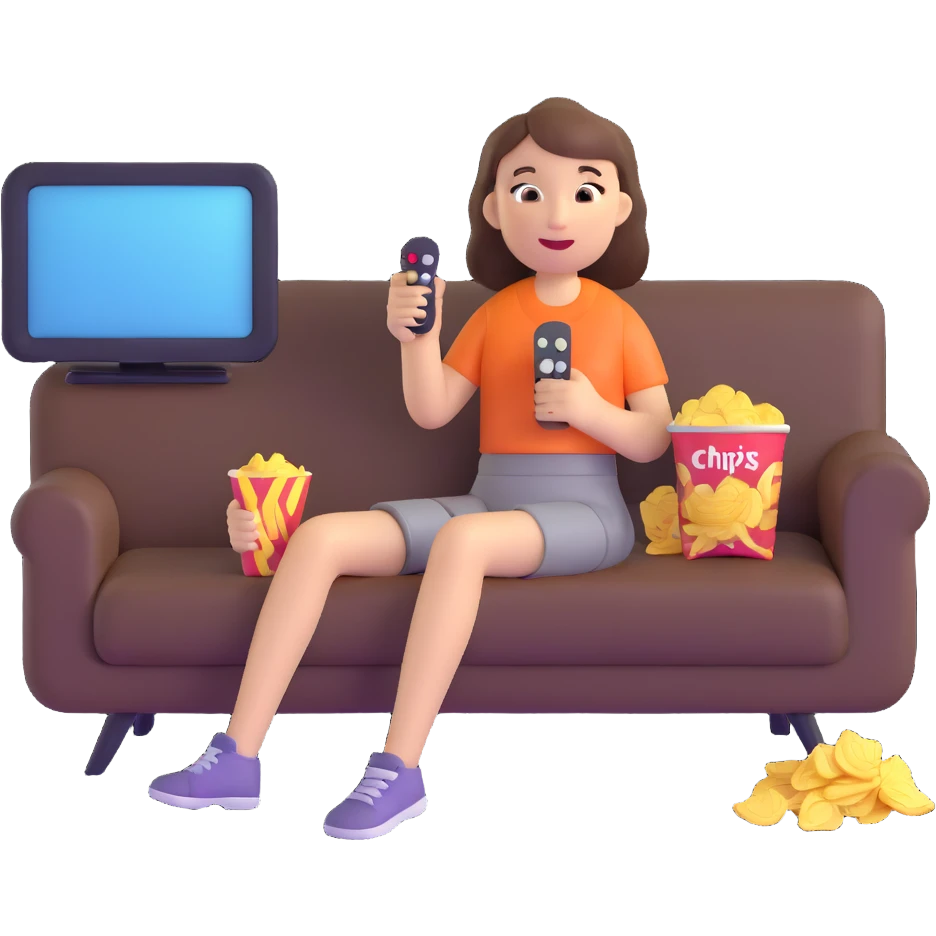 lazy girl sitting on sofa, remote in hand, eating chips, TV in front emoji