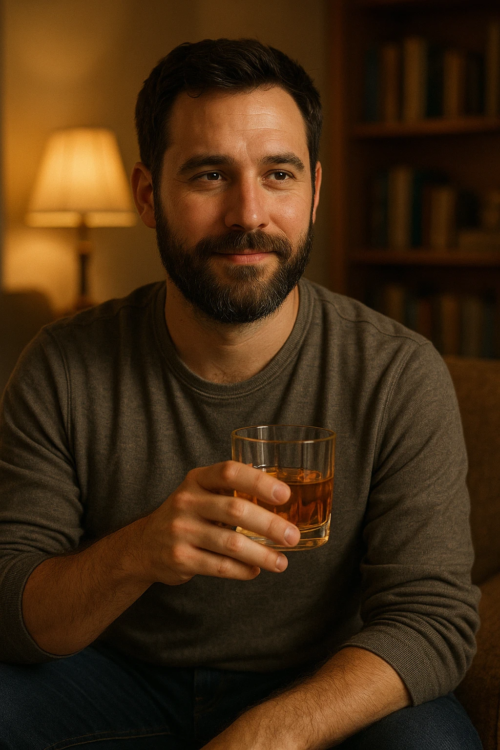 A man with a beard holding a glass of whiskey emoji