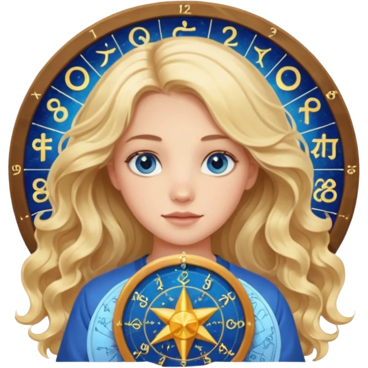 A long wavy haired blonde girl with blue eyes holding a astrology natal chart. emoji
