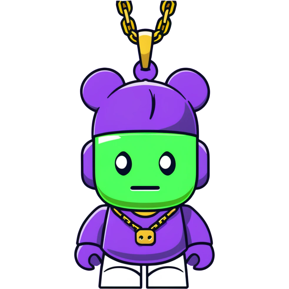 classic bearbrick figure with lime green mask covered in chaotic brand logos, wearing several large gold chains, gold pendant, rapper style accessories, expressive eyebrows emoji