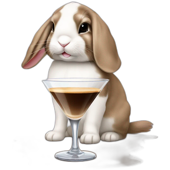 Holland lop rabbit drinking an espresso martini out of a martini glass emoji