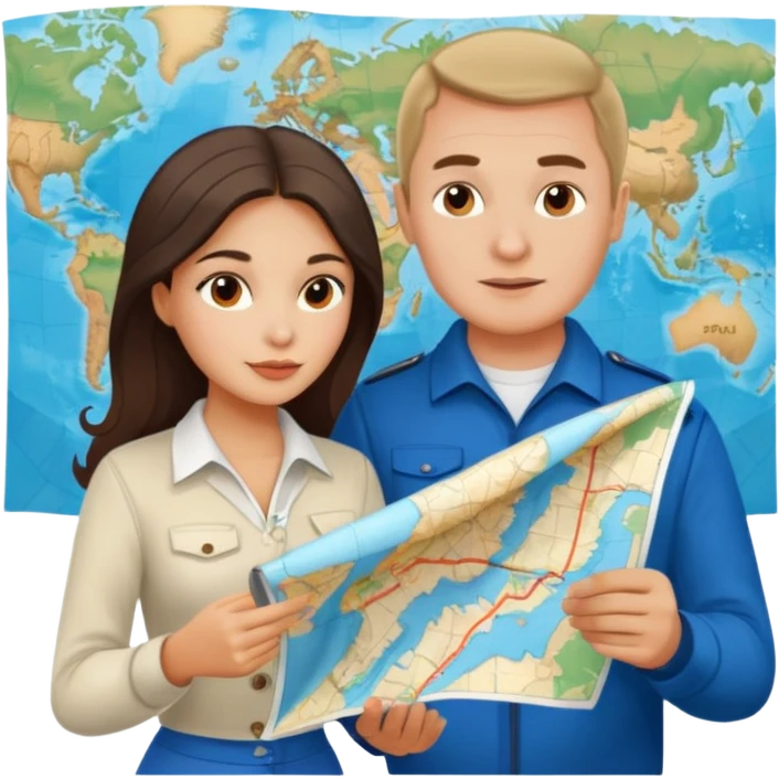 Russian man and elegant fair-skinned Latina girl in costal outfits with a map planning  emoji
