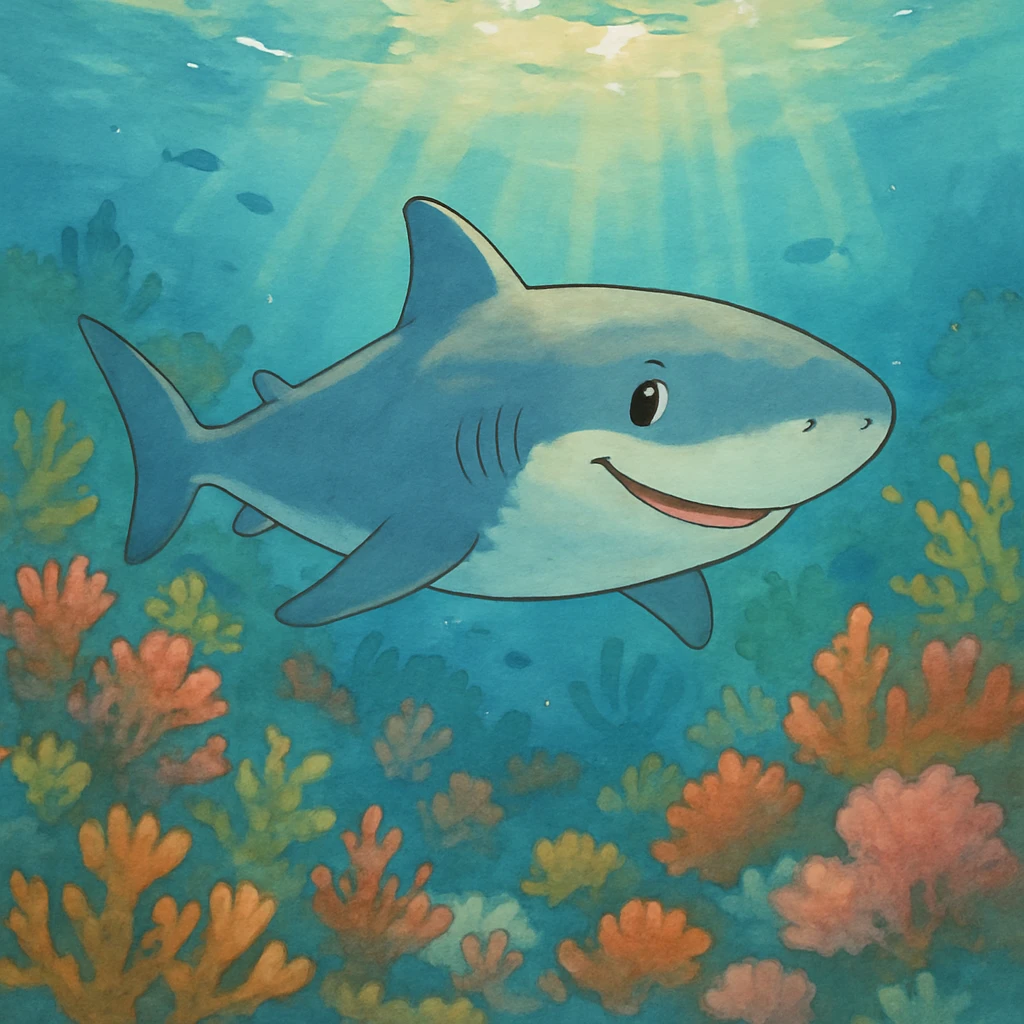 A friendly shark swimming through a beautiful underwater scene with coral reefs and sunlight filtering through the water, painted in a whimsical and soft style emoji