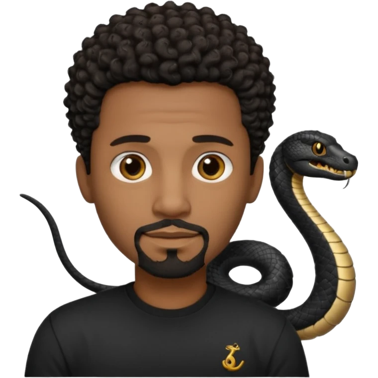 Homme noir de peau,  yeux marron avec un bouc sans la moustache, cheveux noir court et bouclé crépus avec un dégradé sur le côté, avec un cobra à côté , t-shirt noir  emoji