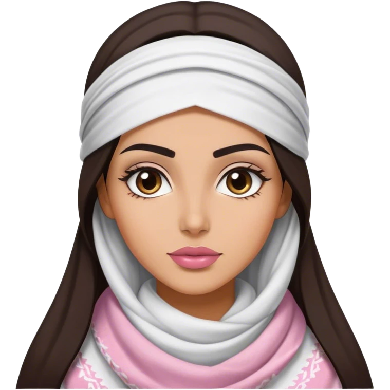 A woman with long, dark hair wears a traditional white keffiyeh, her makeup is well done, with defined eyebrows and soft pink lips  emoji