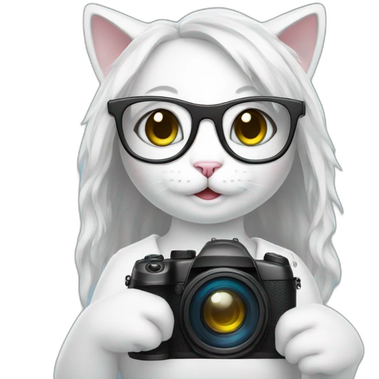 white cat girl with a camera in glasses emoji