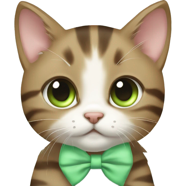 kawaii brown tabby kitten with green eyes and pastel green bow emoji