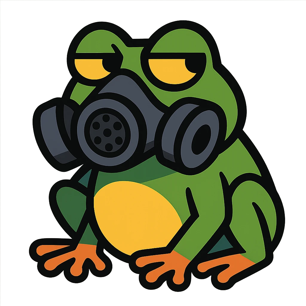 a frog wearing a gas mask, looking suspicious emoji