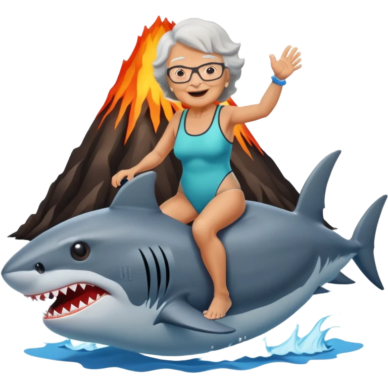 A grandma riding a shark into a volcano emoji
