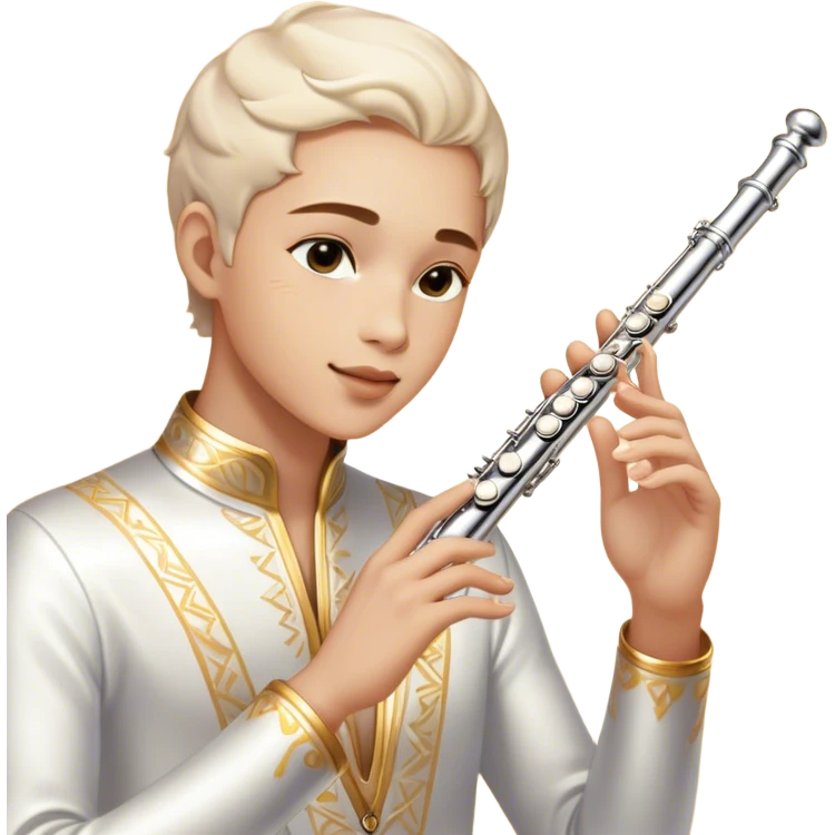 Cinematic Realistic Flute, polished silver metal with precise keywork, warm golden reflections dancing along its surface, soft hands carefully positioned over the keys, glowing with an elegant and airy charm. emoji