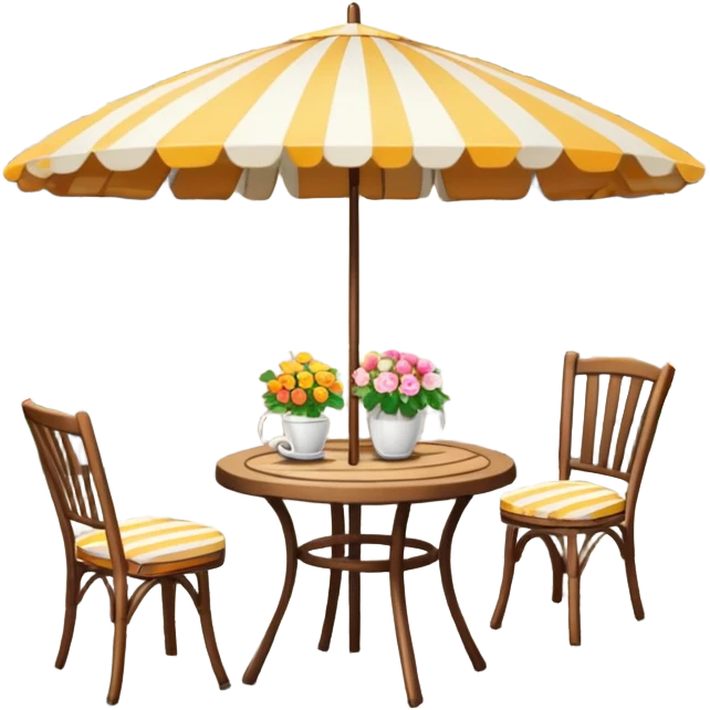European outdoor café: table, 2 chairs, striped umbrella. emoji