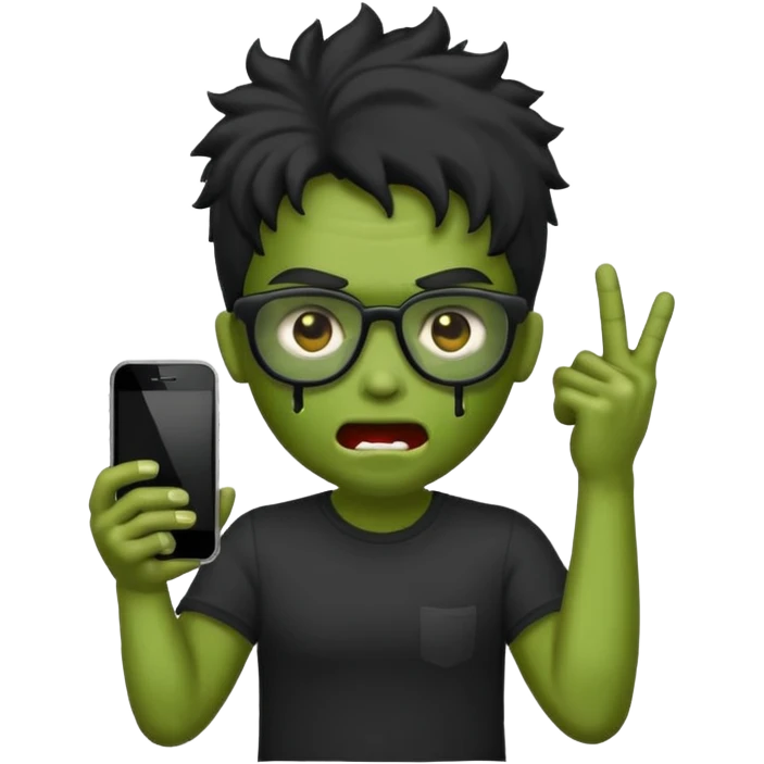 Crie um zumbi estilo emoji do iPhone com cabelo ondulado grande preto com camiseta preta e óculos de grau preto emoji