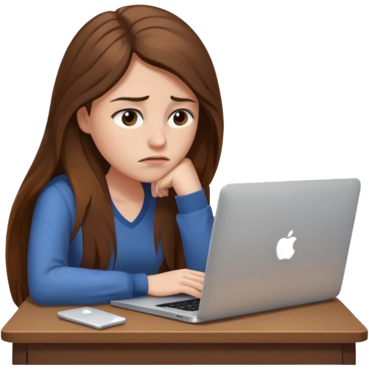 create a woman long hair brown, sitting with her macbook looking tired. looking at her computer, exausted  emoji