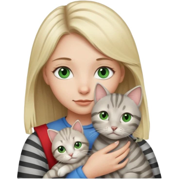 Blonde girl with blue eyes cuddling with light grey tabby cat with dark grey stripes and green eyes emoji