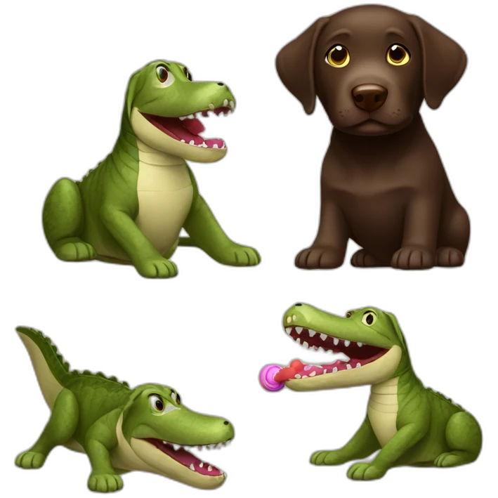 Chocolate labrador playing with toy crocodile emoji