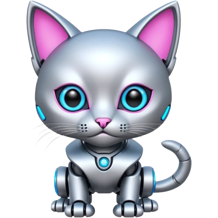 Robot kitten with pink and neon blue eyes emoji
