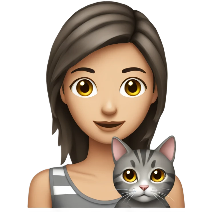 Brown eyed Pretty brunette woman with gray striped cat  emoji