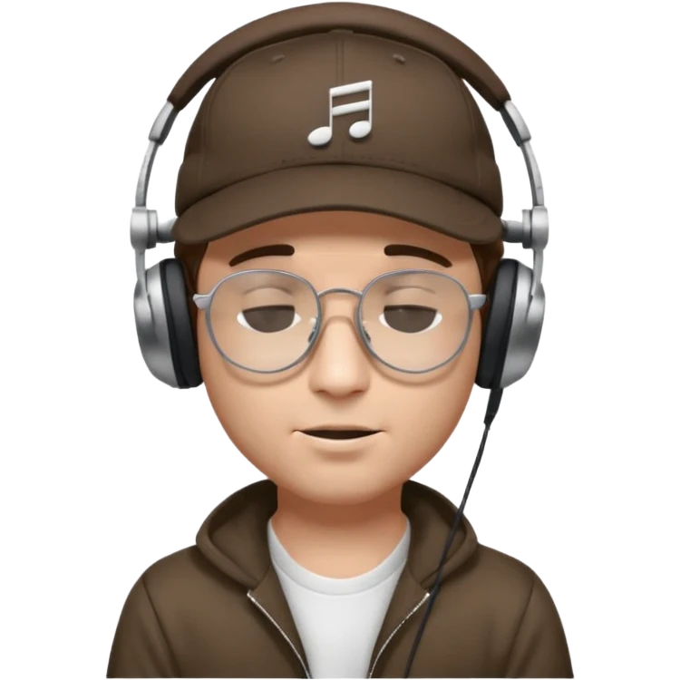 dj man white with baseball cap - rayban glasses - brown hair - closed eyes with headphones on with musical note over head (listening to music ) emoji