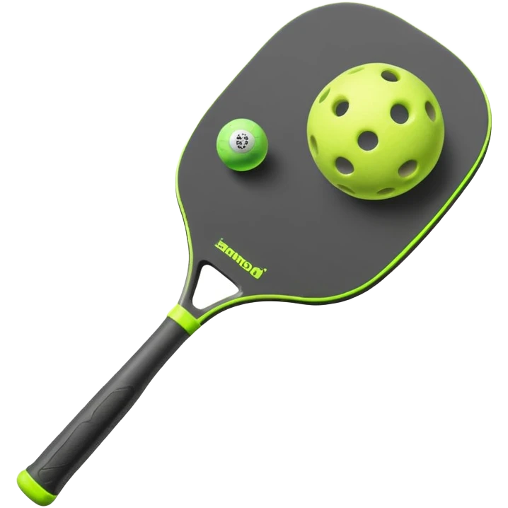 Modern Pickleball paddle graphite without holes, dark grey. 1 Pickleball ball beside or on top the paddle florescent green at 45 degrees emoji