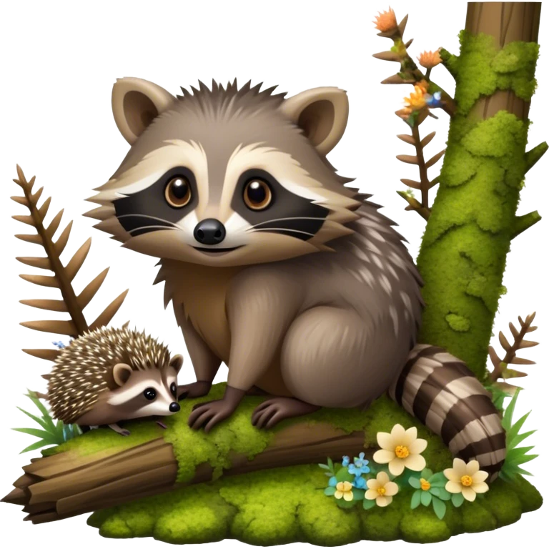 Collage of an exotic raccoon and a hedgehog, both curiously exploring a forest setting with moss and small flowers. The raccoon is perched on a tree branch, and the hedgehog is nestled in the underbrush. Vibrant nature backdrop. Transparent background. emoji