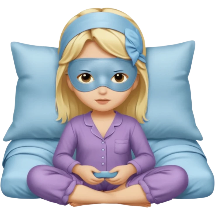 Девушка блондинка с маской для сна на лбу сидит без подушки emoji