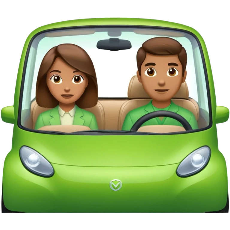 Brown haired man and a brown haired woman riding in a green electric car emoji
