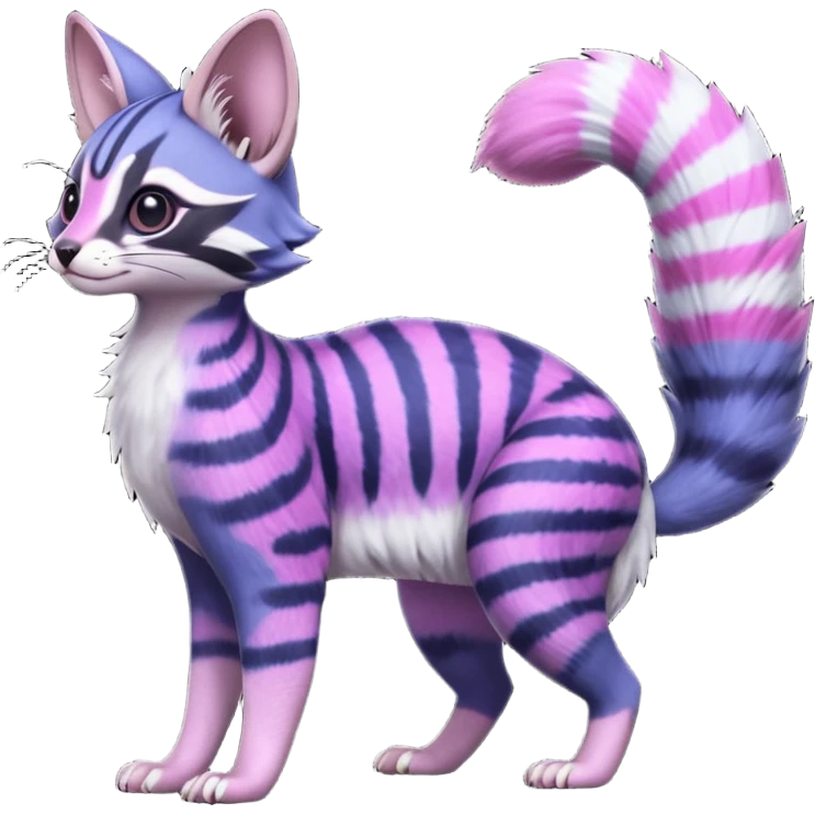 Beautiful fluffy thick puffy hyper-realistic lifelike furry Indigo, purple, violet, pink, Civet-Genet-Possum-Serval-Caracal-Sergal-Trico-Numbat-Furret-fusion-Fakemon-hybrid-creature (full body) with long tufted ears and a striped tufted tail  emoji