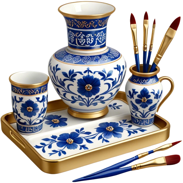 Metal painting icon, a metal vase, tray and one metal cup with 3 brushes, each decorated with different techniques: Gzhel-style blue floral patterns, Chinese red and gold designs, and intricate Golden embroidery-style details. Visible fine paintbrush, paint pots, and accessories like porcelain palette, minimalistic style, clean lines, transparent background. emoji