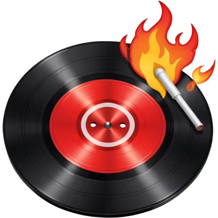 a black vinyl record white stick  with red outlin and flames  emoji
