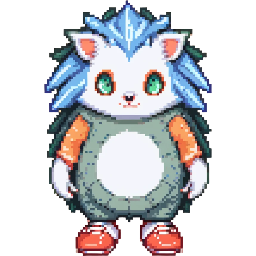 blue humanoid hedgehog with white gloves and socks, red shoes, 3 quills, peach belly, green eyes emoji