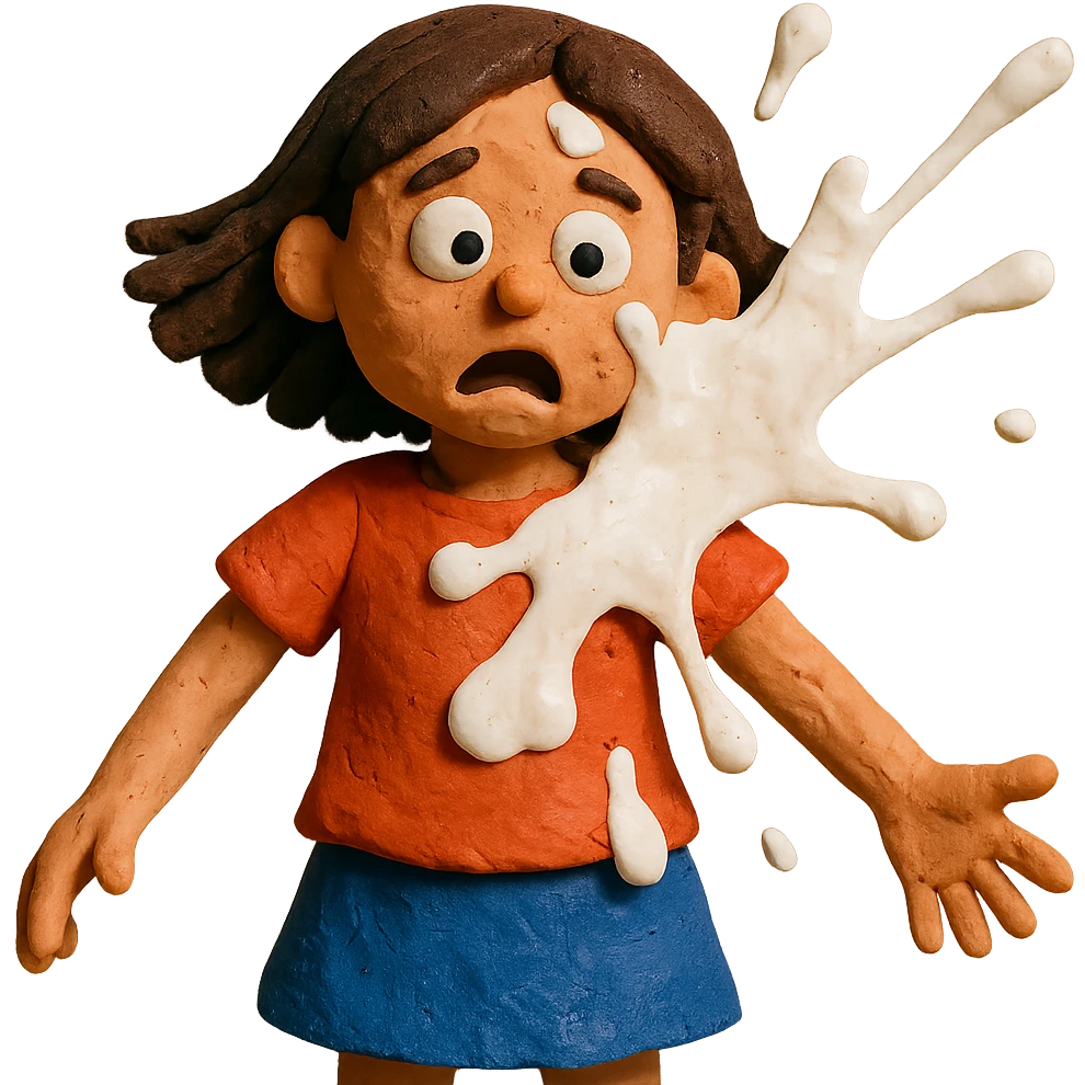 claymation style girl with milk splashing on her emoji