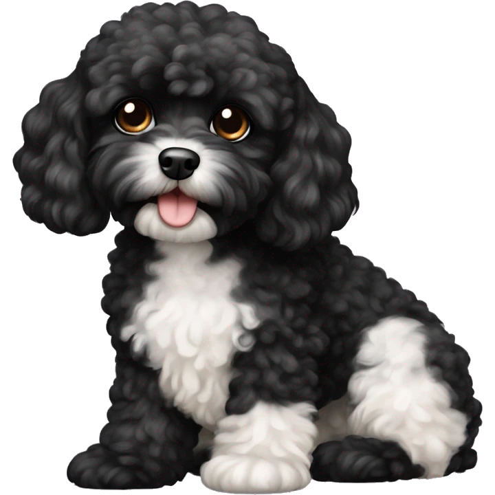 Black cavapoo that is mostly poodle with cream markings,  emoji