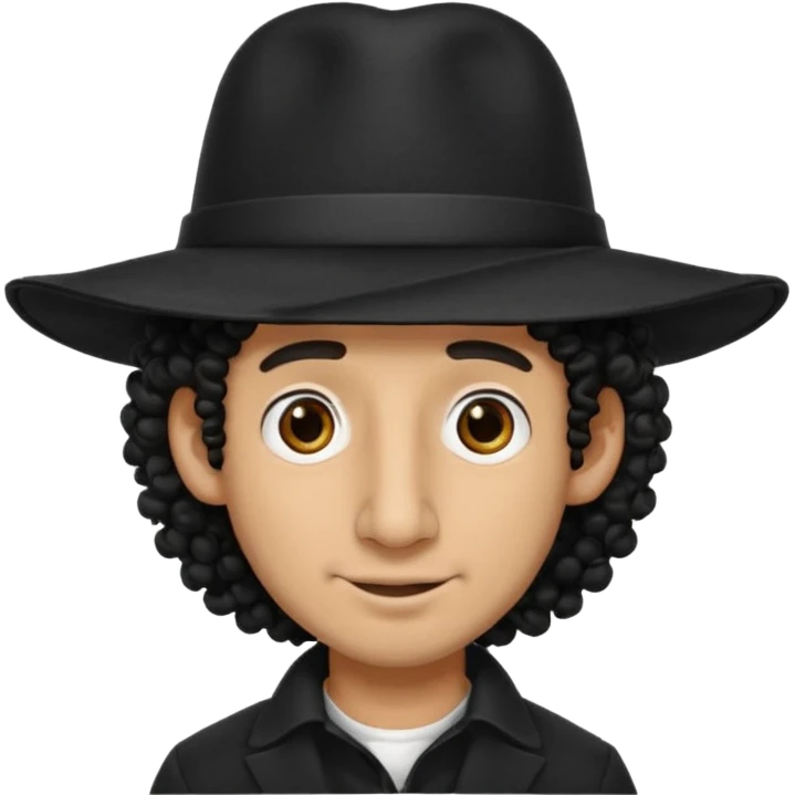A man with a big nose and a black hat like a top hat but round and all black, with a strand of curly hair coming out from both sides of the hat emoji
