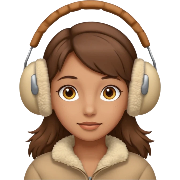 A girl wearing beige ear muffs, tan skin, brown hair, brown eyes emoji