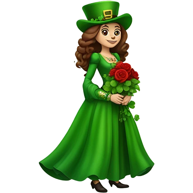 A very short Short leprechaun giving red roses and clovers to a much taller brown haired queen emoji