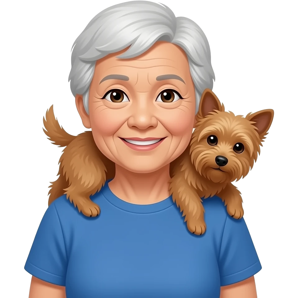 Asian grandma wearing blue tshirt with short white hair carrying brown terrier emoji