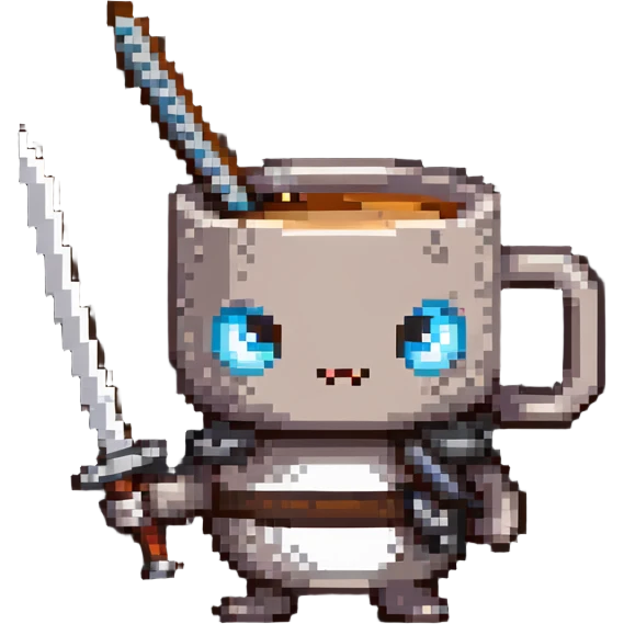 cute coffee mug character with eyes holding a katana emoji